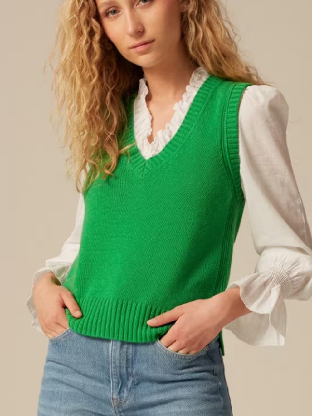 ME+EM Cashmere V Neck Rib Trim Vest Island Green